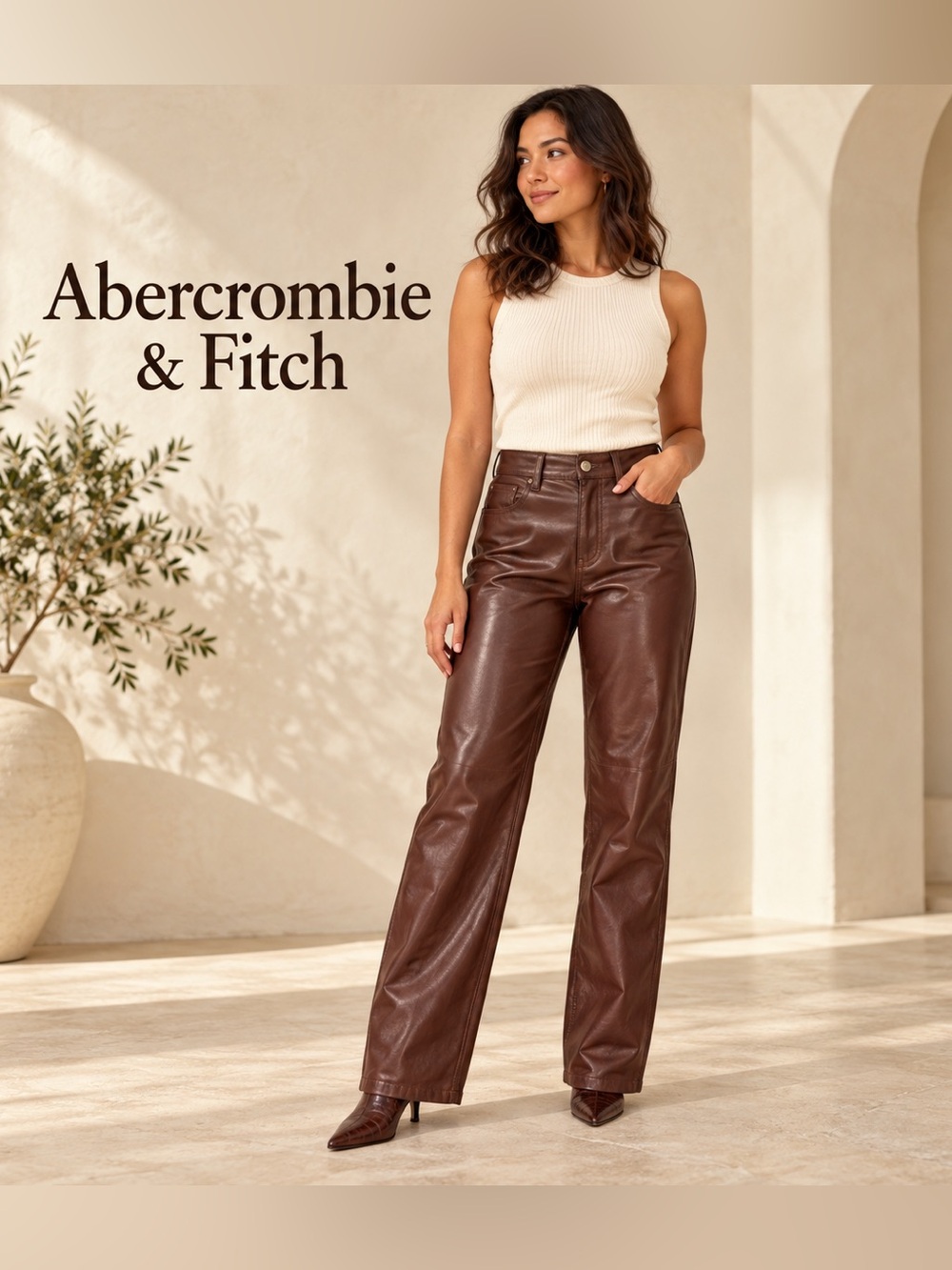 Abercrombie & Fitch Women's Faux Leather 90s Straight Ultra High Rise Pants Brow